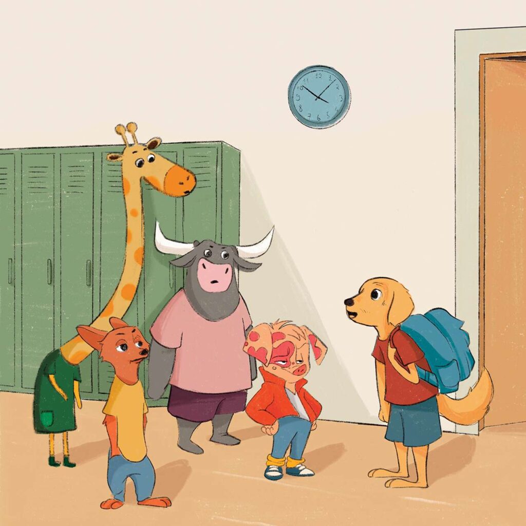 699f03009a3fab1de15c5371_picture-book-illustration-animal-characters-school-hallway