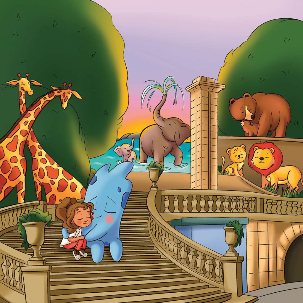 699f030100965493217966cd_picture-book-illustration-girl-zoo-animals-sunset